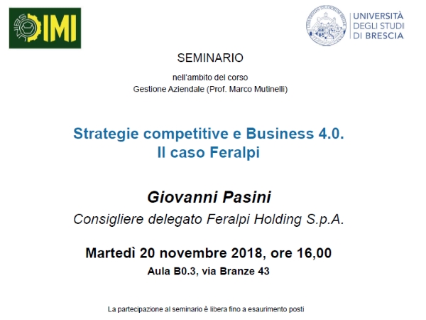Locandina seminario "Strategie competitive e Business 4.0: il caso Feralpi”